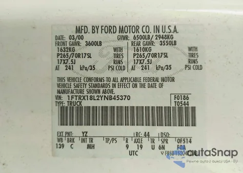 2000 Ford F-150 Lariat/Work Series/Xl/Xlt z USA, uszkodzony, nr VIN 1FTRX18L2YNB45370